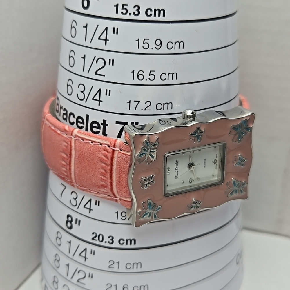 Womens Marcel Drucker Silver Tone Pink Enamel Blue Butterflies Watch New Battery - Picture 6 of 11